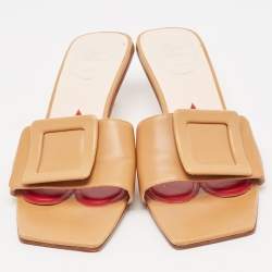 Roger Vivier Brown Leather Covered Buckle Slide Sandals Size 42