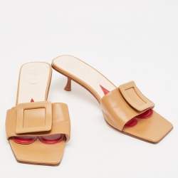 Roger Vivier Brown Leather Covered Buckle Slide Sandals Size 42