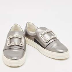 Pre Owned Roger Vivier Silver Leather Sneaky Viv Lace Up Sneakers Size 41