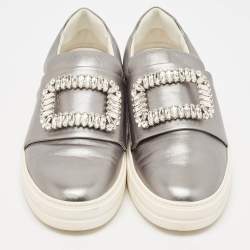 Pre Owned Roger Vivier Silver Leather Sneaky Viv Lace Up Sneakers Size 41