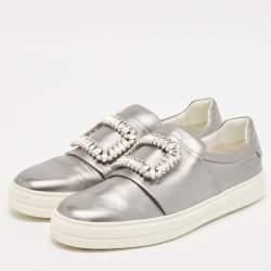 Pre Owned Roger Vivier Silver Leather Sneaky Viv Lace Up Sneakers Size 41