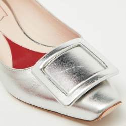 Pre Owned Roger Vivier Silver Leather Jewel Heel Ballet Flats Size 38