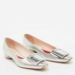 Pre Owned Roger Vivier Silver Leather Jewel Heel Ballet Flats Size 38