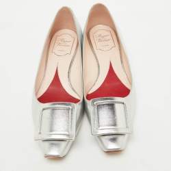 Pre Owned Roger Vivier Silver Leather Jewel Heel Ballet Flats Size 38