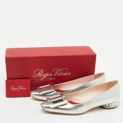 Pre Owned Roger Vivier Silver Leather Jewel Heel Ballet Flats Size 38