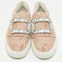 Pre Owned Roger Vivier Pink Lace Sneaky Viv Slip On Sneakers Size 35