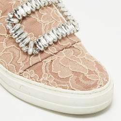 Pre Owned Roger Vivier Pink Lace Sneaky Viv Slip On Sneakers Size 35