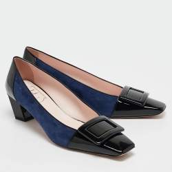 Pre Owned Roger Vivier Black/Silver Suede and Leather Belle Pumps Size 39.5