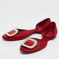 Roger Vivier Red Satin Crystal Embellished D'orsay Ballet Flats Size 38
