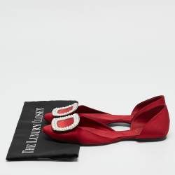 Roger Vivier Red Satin Crystal Embellished D'orsay Ballet Flats Size 38