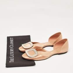 Pre Owned Roger Vivier Peach Satin Crystal Embellished D'orsay Ballet Flats Size 38