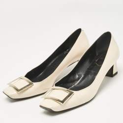 Roger Vivier Cream Patent Leather Trompette Block Heel Pumps Size 40