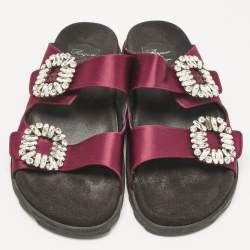 Pre Owned Roger Vivier Burgundy Satin Slidy Viv Flat Sandals Size 40         