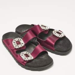 Pre Owned Roger Vivier Burgundy Satin Slidy Viv Flat Sandals Size 40         