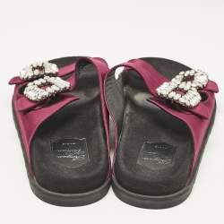 Pre Owned Roger Vivier Burgundy Satin Slidy Viv Flat Sandals Size 40         