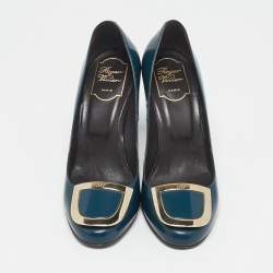 Pre Owned Roger Vivier Teal Blue Patent Leather Buckle Round Toe Pumps Size 38.5