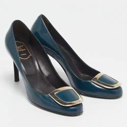 Pre Owned Roger Vivier Teal Blue Patent Leather Buckle Round Toe Pumps Size 38.5