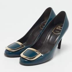 Pre Owned Roger Vivier Teal Blue Patent Leather Buckle Round Toe Pumps Size 38.5