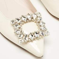 Pre Owned Roger Vivier Off White Patent Leather Strass Buckle Slingback Flats Size 37