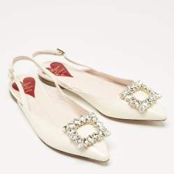 Pre Owned Roger Vivier Off White Patent Leather Strass Buckle Slingback Flats Size 37