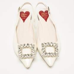 Pre Owned Roger Vivier Off White Patent Leather Strass Buckle Slingback Flats Size 37