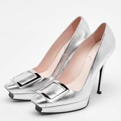 Roger Vivier Silver Leather Belle Vivier Trompette Platform Pumps Size 37