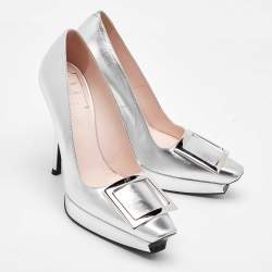 Roger Vivier Silver Leather Belle Vivier Trompette Platform Pumps Size 37