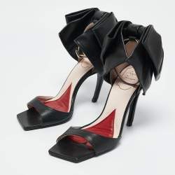 Roger Vivier Black Leather Vic Choc Bow Ankle Strap Sandals Size 38