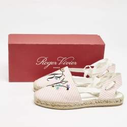 Roger Vivier Pink/White Stripe Fabric Floral Embroidered Wrap Espadrille Sandals Size 40