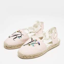 Roger Vivier Pink/White Stripe Fabric Floral Embroidered Wrap Espadrille Sandals Size 40