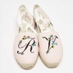 Roger Vivier Pink/White Stripe Fabric Floral Embroidered Wrap Espadrille Sandals Size 40