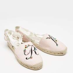 Roger Vivier Pink/White Stripe Fabric Floral Embroidered Wrap Espadrille Sandals Size 40