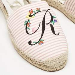 Roger Vivier Pink/White Stripe Fabric Floral Embroidered Wrap Espadrille Sandals Size 40