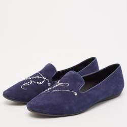 Roger Vivier Navy Blue Suede Crystal Embellished Ballet Flats Size 38
