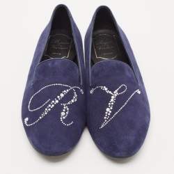 Roger Vivier Navy Blue Suede Crystal Embellished Ballet Flats Size 38