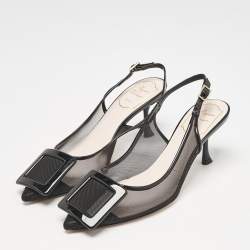 Roger Vivier Black Patent and Mesh Belle Vivier Slingback Pumps Size 37