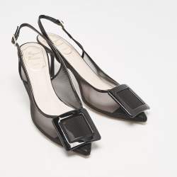 Roger Vivier Black Patent and Mesh Belle Vivier Slingback Pumps Size 37