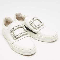 Pre Owned Roger Vivier White Leather Sneaky Viv Crystal Embellished Slip On Sneakers Size 38