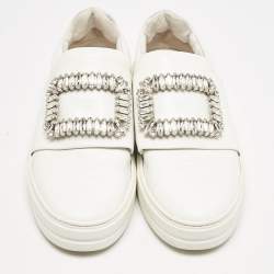 Pre Owned Roger Vivier White Leather Sneaky Viv Crystal Embellished Slip On Sneakers Size 38