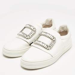 Pre Owned Roger Vivier White Leather Sneaky Viv Crystal Embellished Slip On Sneakers Size 38
