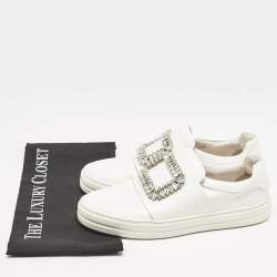 Pre Owned Roger Vivier White Leather Sneaky Viv Crystal Embellished Slip On Sneakers Size 38