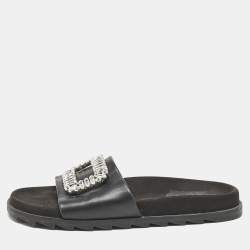Roger Vivier Black Leather Crystal Embellished Flat Slide Sandals Size 37