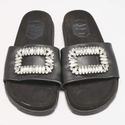 Roger Vivier Black Leather Crystal Embellished Flat Slide Sandals Size 37
