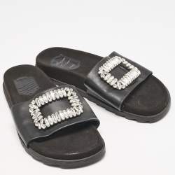 Roger Vivier Black Leather Crystal Embellished Flat Slide Sandals Size 37
