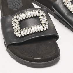 Roger Vivier Black Leather Crystal Embellished Flat Slide Sandals Size 37