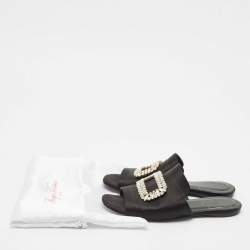 Roger Vivier Black Satin Crystals Embellished Flat Slides Size 38.5