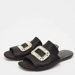 Roger Vivier Black Satin Crystals Embellished Flat Slides Size 38.5