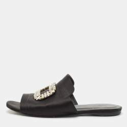 Roger Vivier Black Satin Crystals Embellished Flat Slides Size 38.5