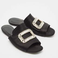 Roger Vivier Black Satin Crystals Embellished Flat Slides Size 38.5