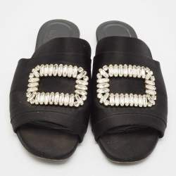 Roger Vivier Black Satin Crystals Embellished Flat Slides Size 38.5